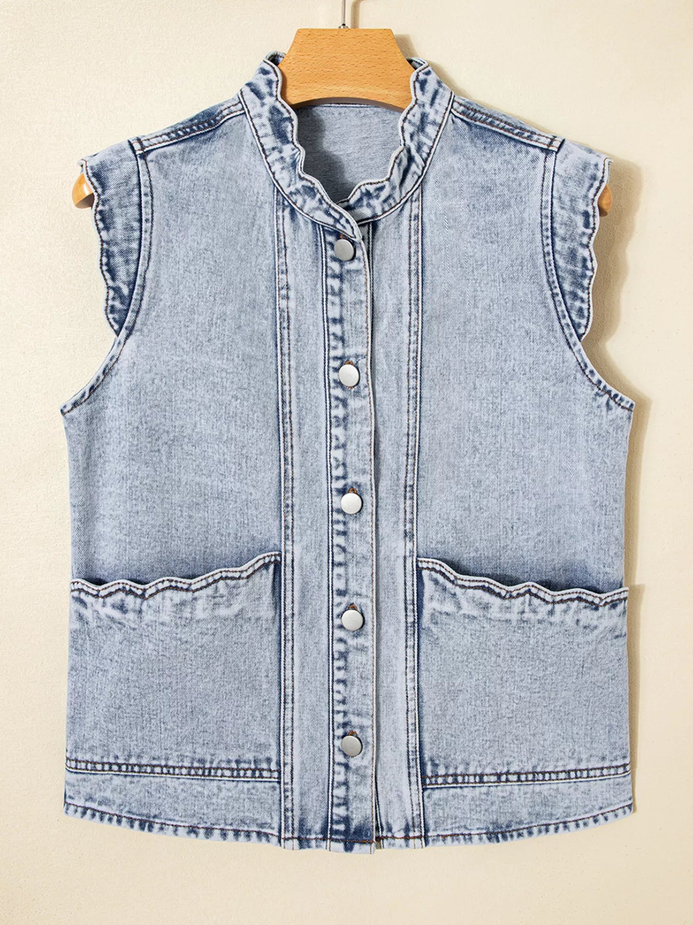 Scalloped Trim Patch Pocket Button Front Denim Vest