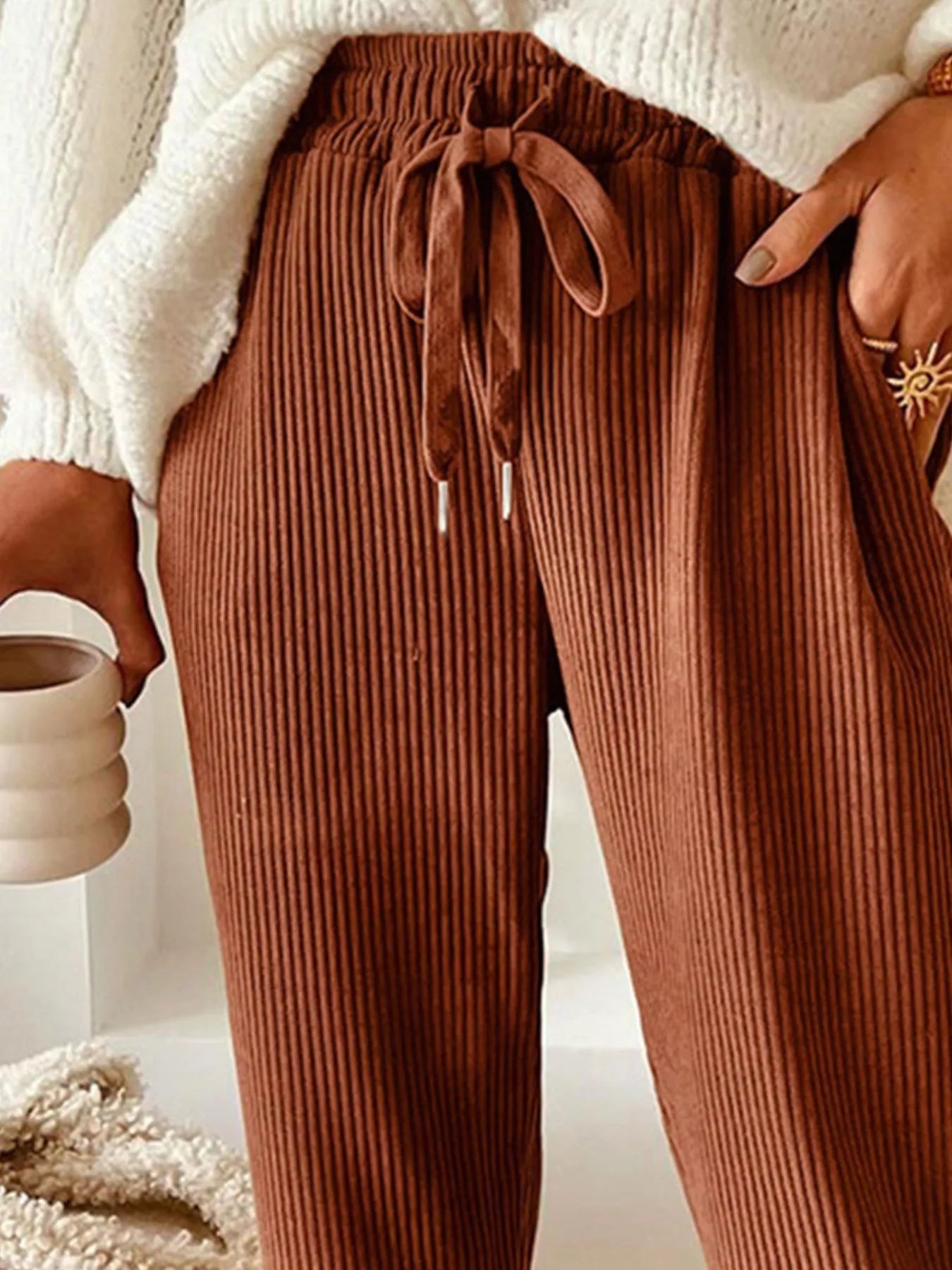 Casual Corduroy Drawstring Waist Pants