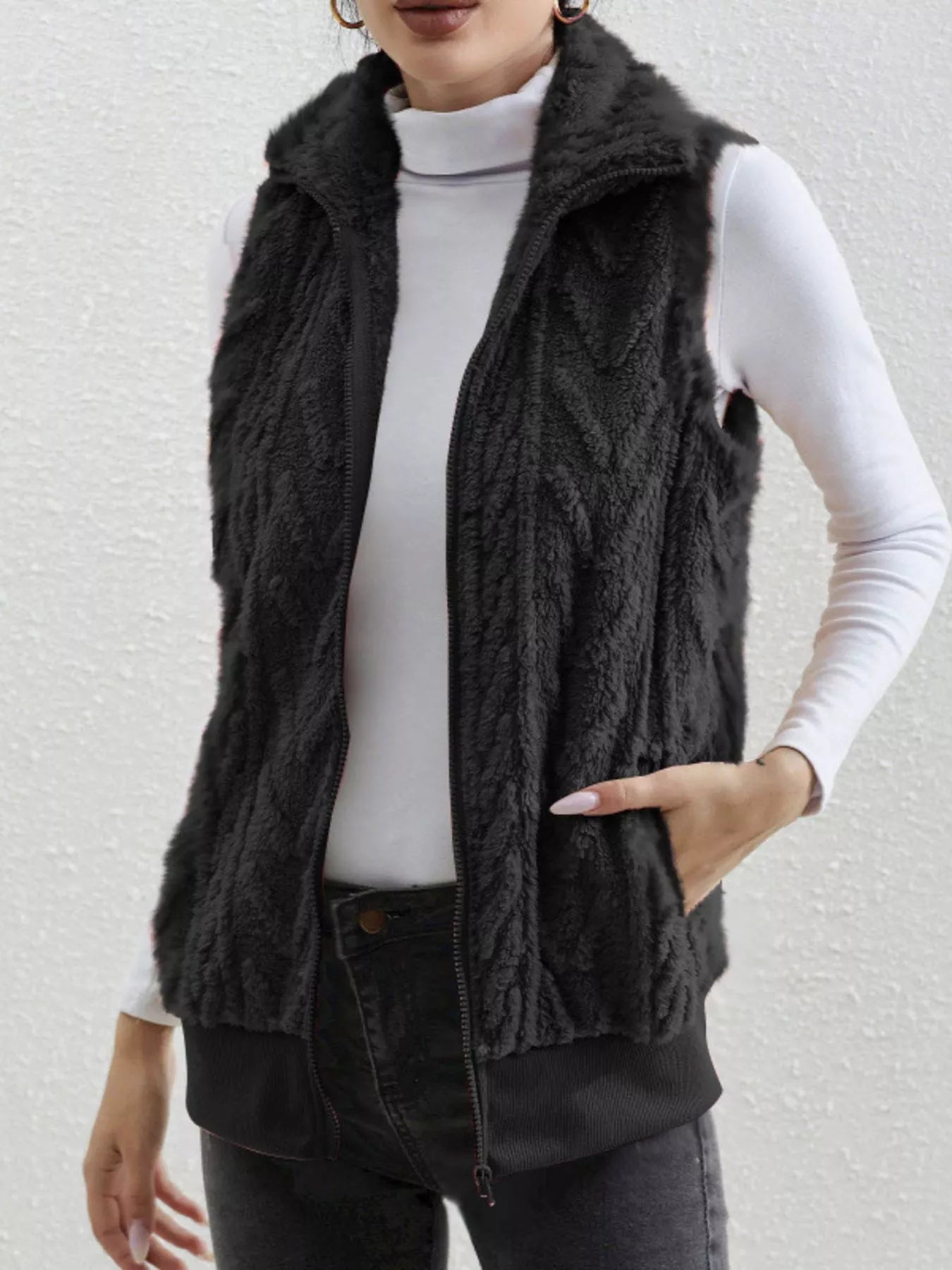 Full Size Cozy Faux Fur Zip-Up Vest Coat Plus Size