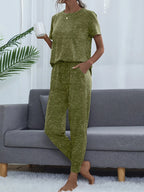 Round Neck Short Sleeve Top and Pants Lounge Set