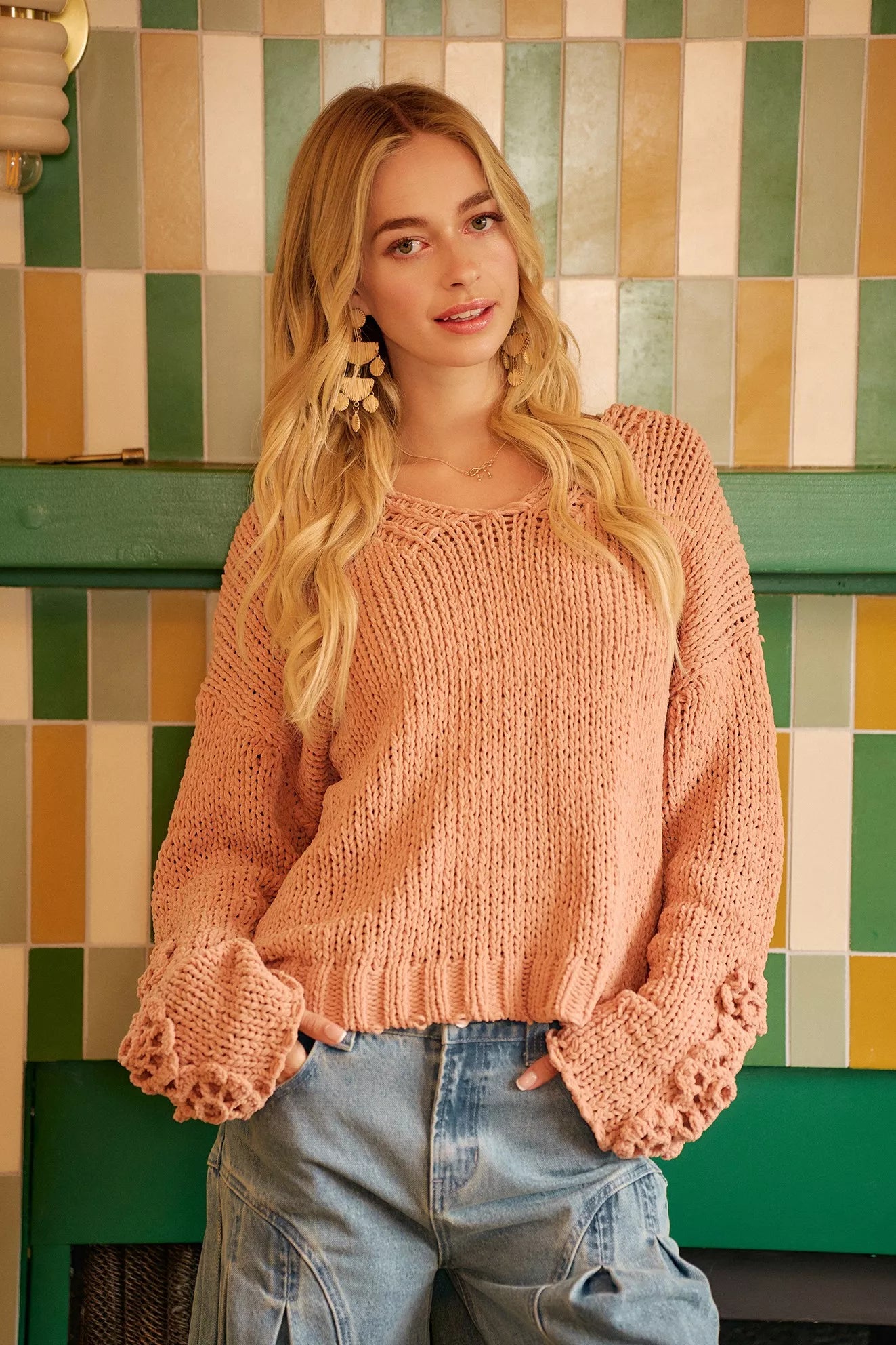 BiBi Chunky Knit Sweater with Flower Detail Sleeves