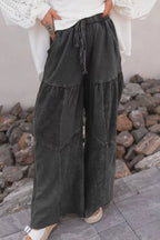 Mineral Wash Tiered Wide Leg Patchwork Drawstring Pants