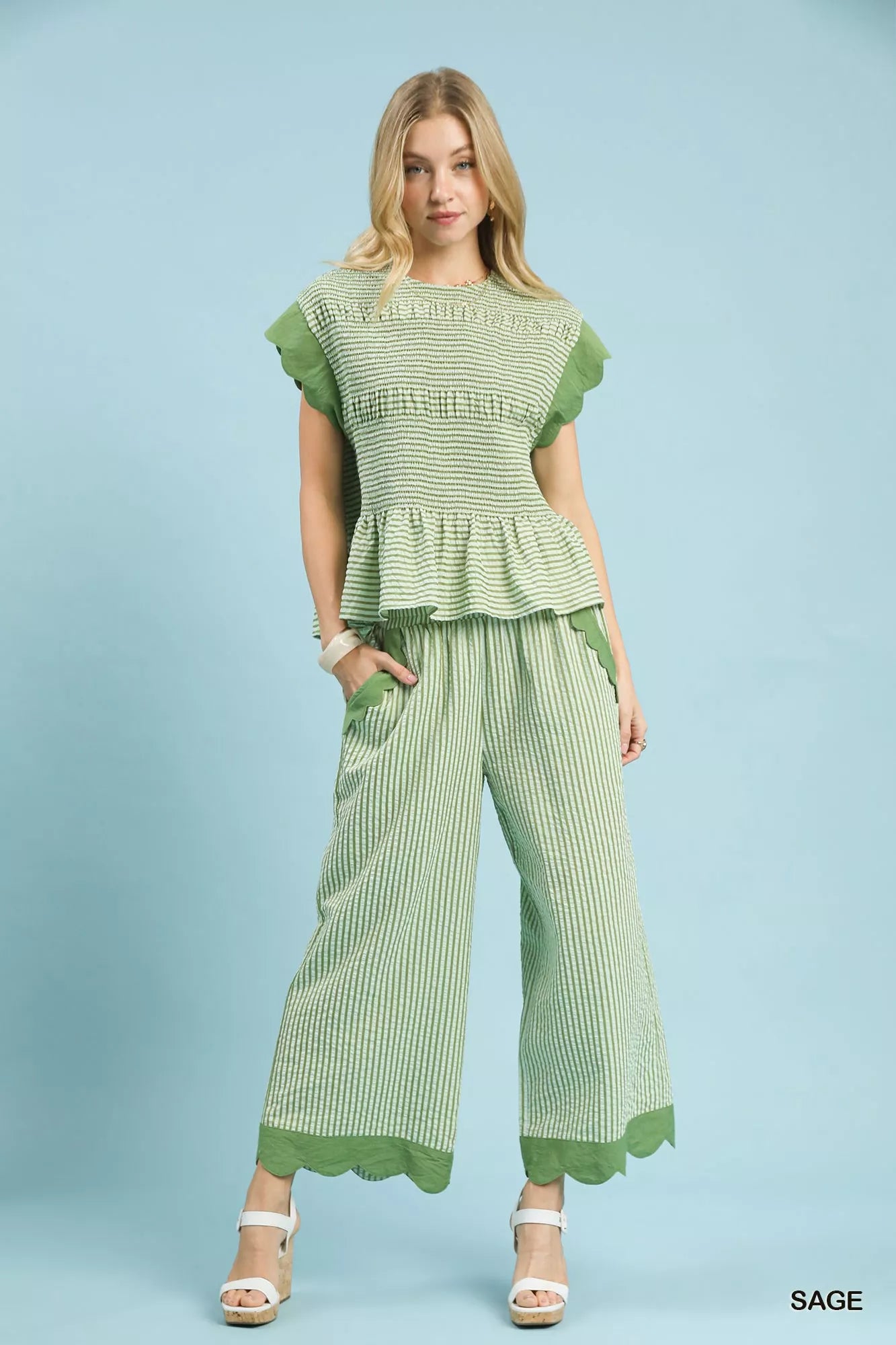 Umgee Stripe Scallop Hem Wide Leg Pants