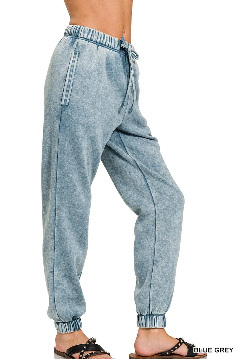 Zenana Acid Wash Fleece Sweatpants with Pockets