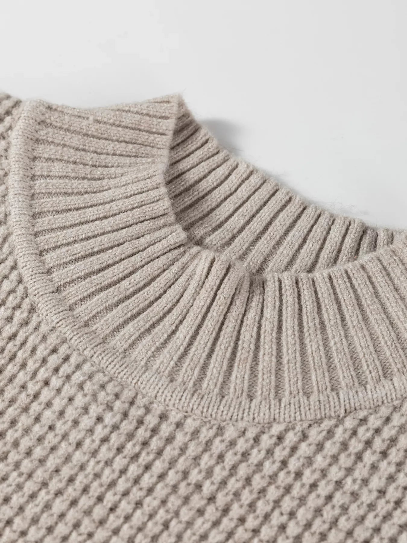 Waffle Texture Knit Ribbed High Neck Drop Shoulder Sweater