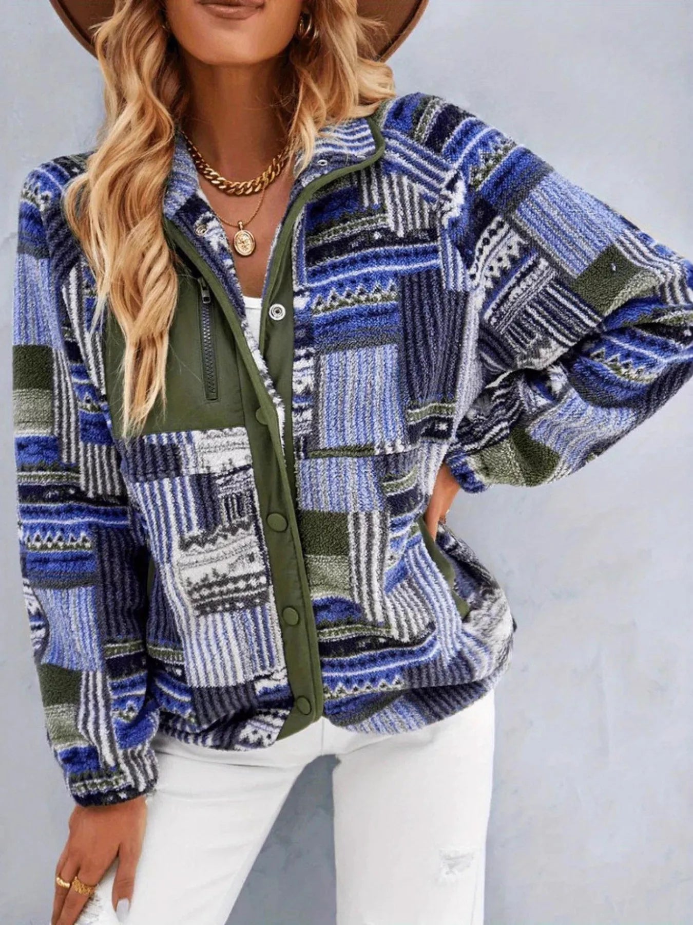Aztec Print Fleece Snap Down Jacket