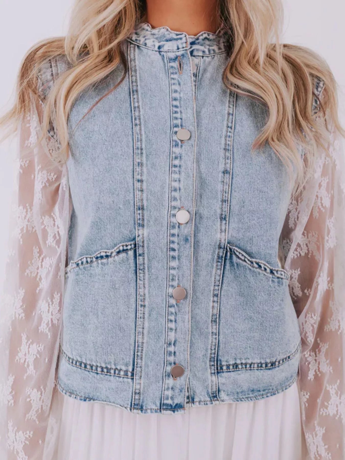 Scalloped Trim Patch Pocket Button Front Denim Vest