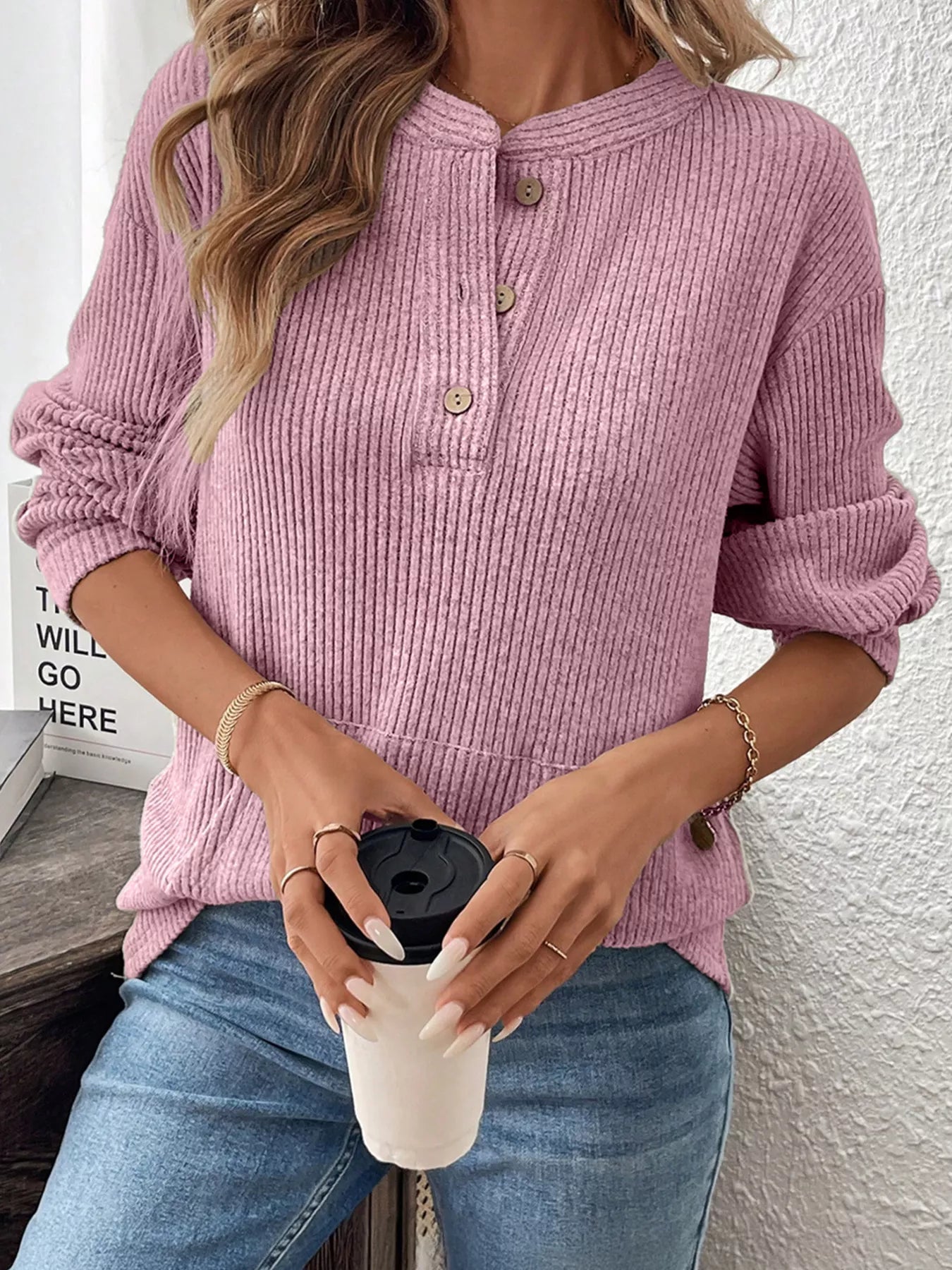 Ribbed Texture Drop Shoulder Henley Top