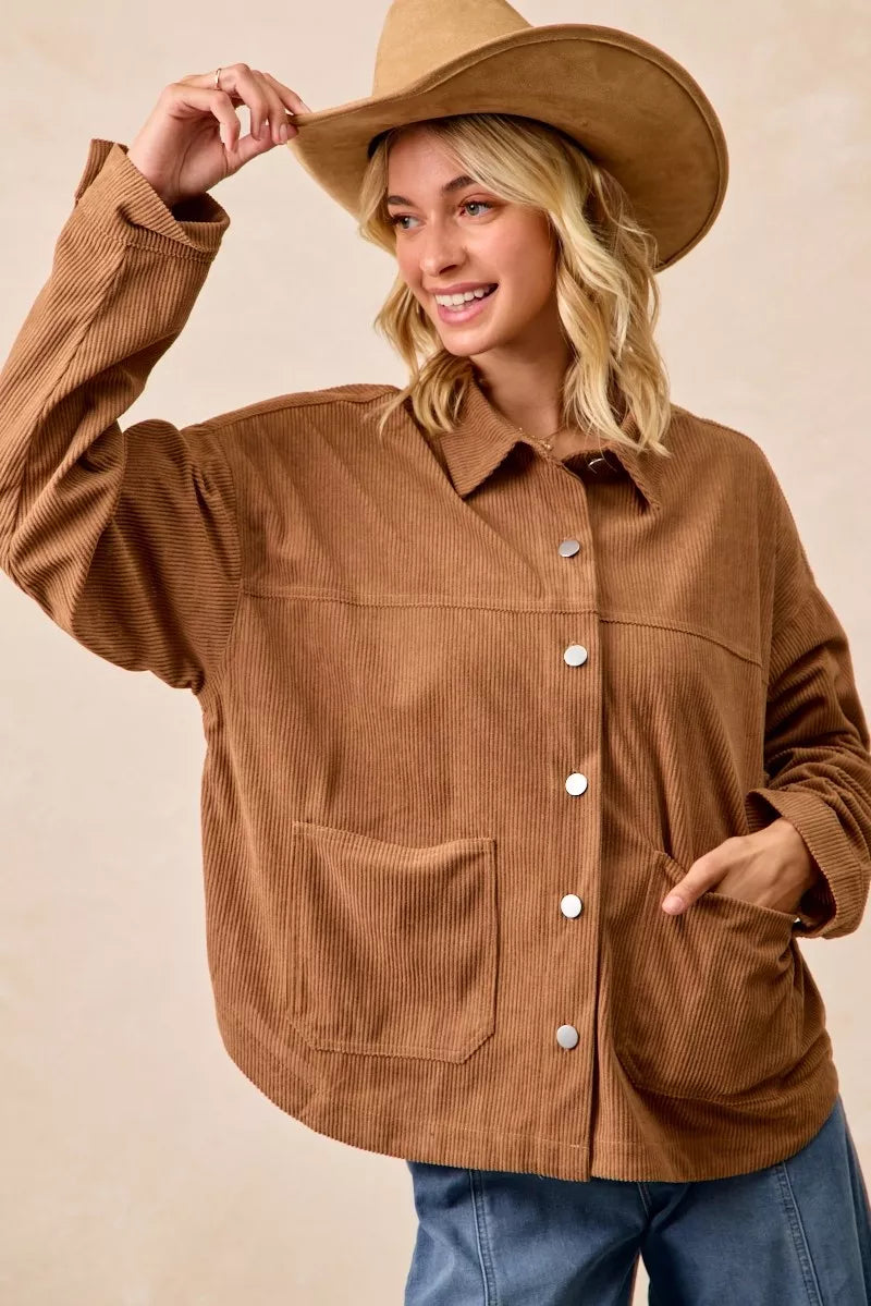 BiBi Corduroy Relaxed Fit Shacket with Back Pleat
