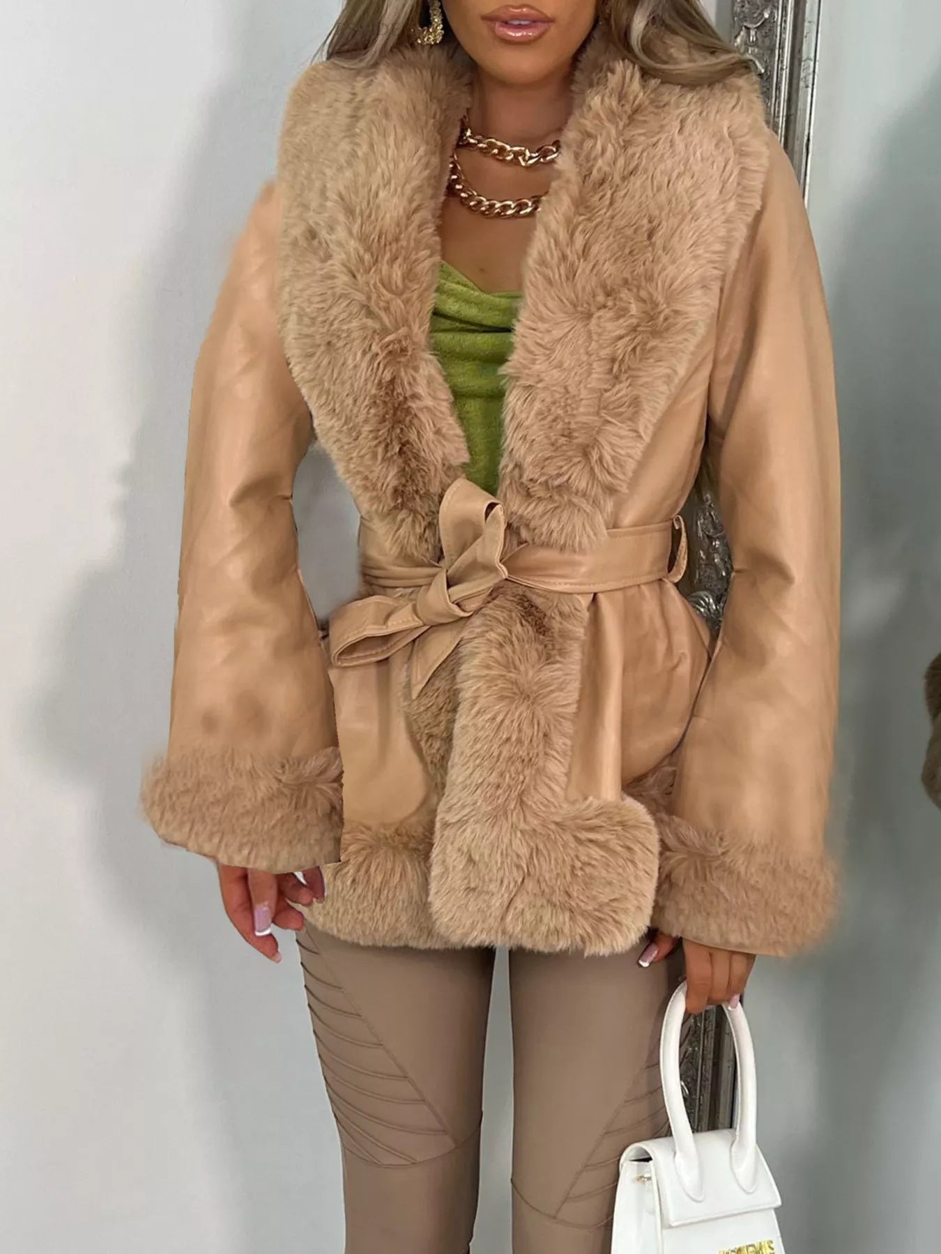Faux Fur Trimmed Belted Outerwear