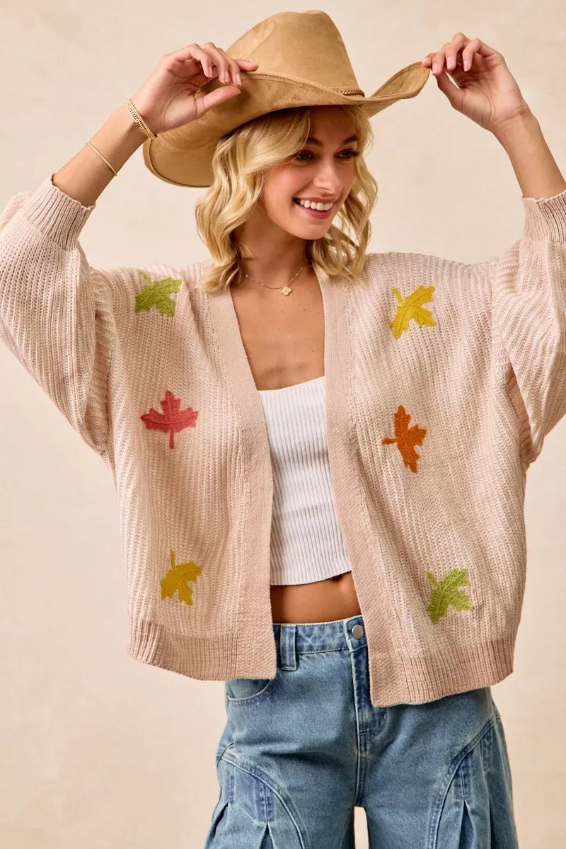 BiBi Two Tone Knit Cardigan with Leaf Patches