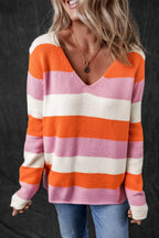 V-Neck Striped Color Block Knit Top