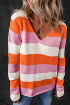 V-Neck Striped Color Block Knit Top