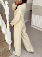 Casual Zipper Front Top and Wide Leg Pants Set