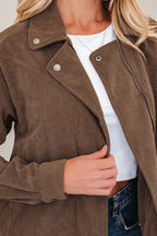 Solid Corduroy Lapel Collar Zip-Up Buttoned Jacket