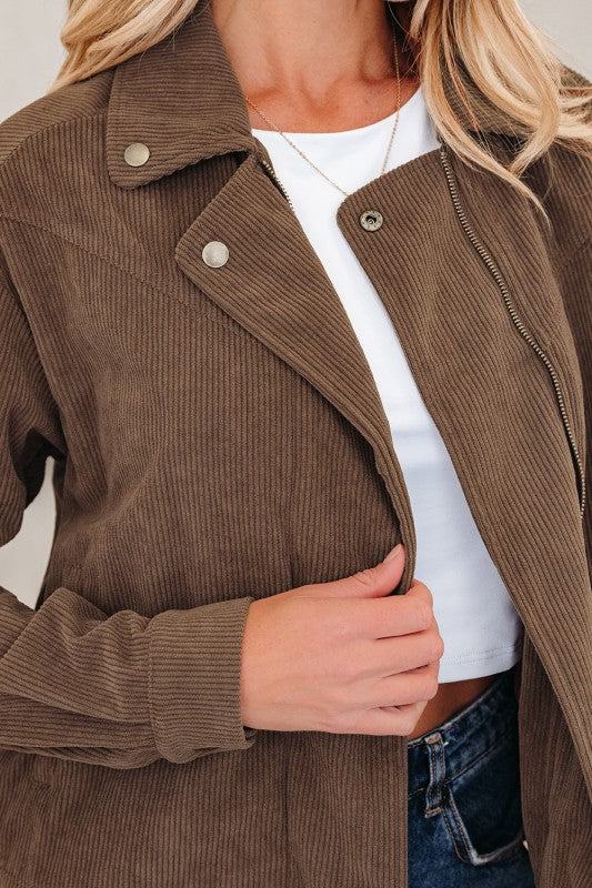 Solid Corduroy Lapel Collar Zip-Up Buttoned Jacket