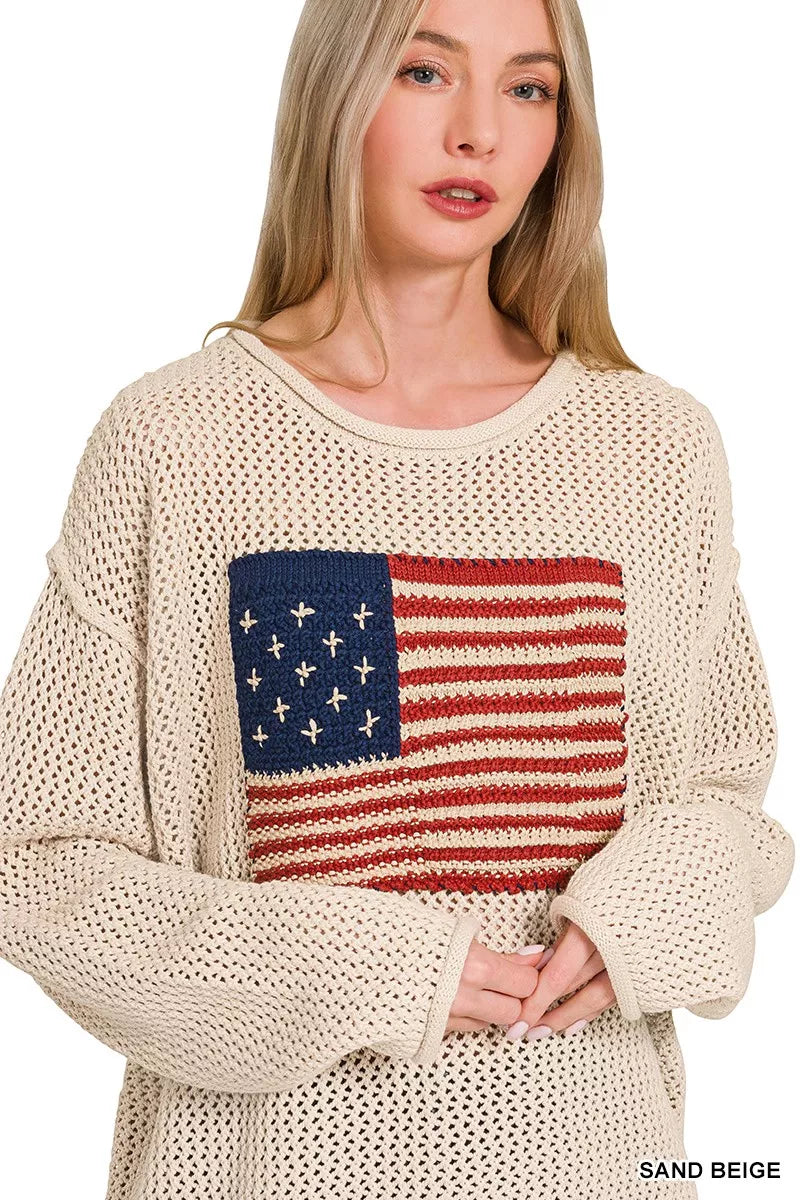 Zenana American Flag Crew Neck Sweater
