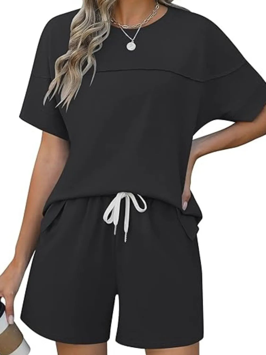Round Neck Short Sleeve Top and Shorts Set