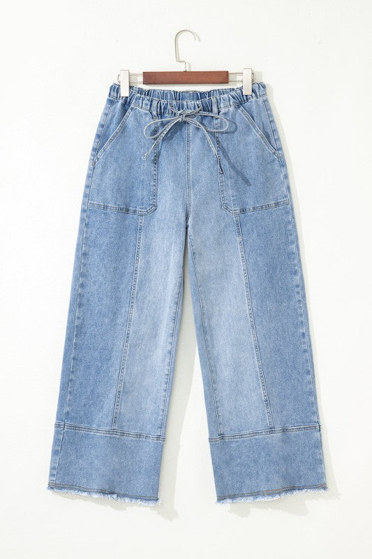 Denim Raw Hem Drawstring Wide Leg Pants