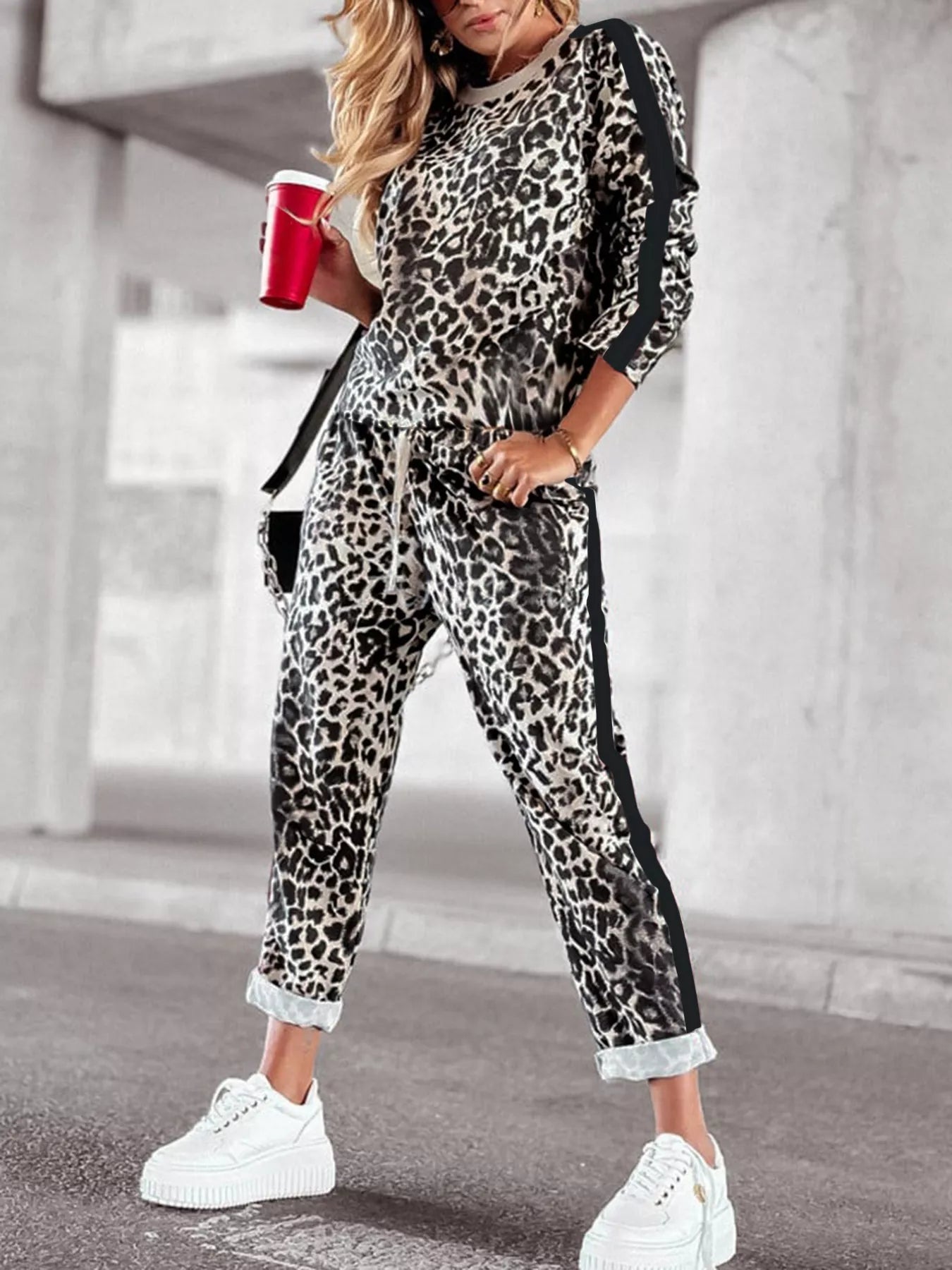 Stripe Leopard Print Top and Pants Set