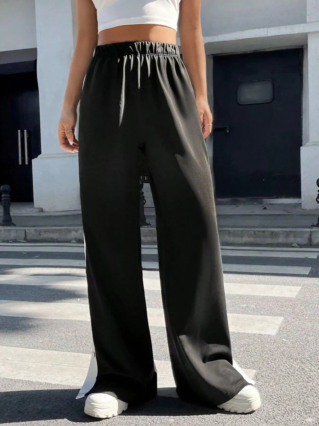 Two-Tone Side Snap Wide Leg Pants