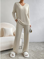 Ribbed Knit V-Neck Top and Pants Lounge Set