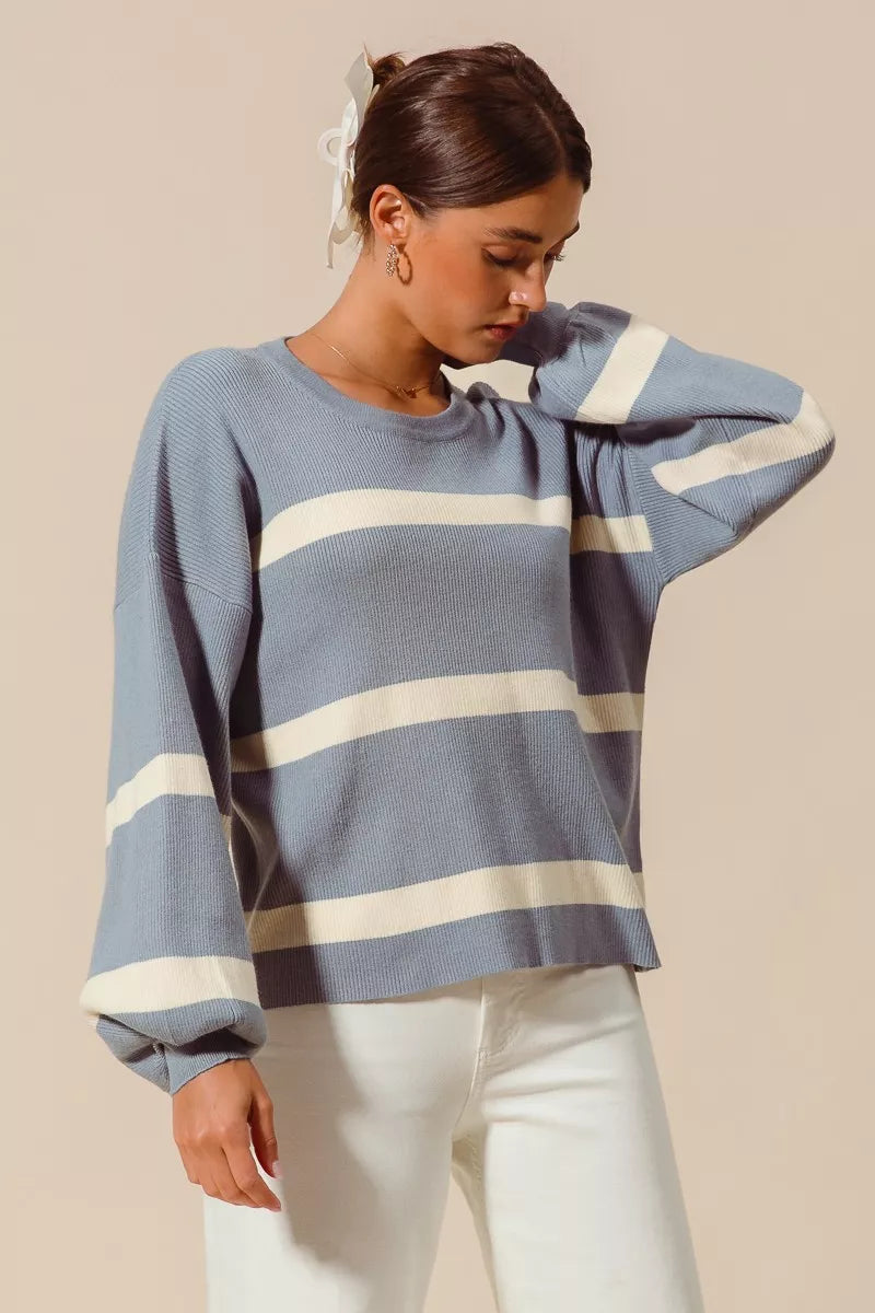SO ME Ribbed Striped Round Neck Sweater