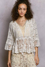 POL Floral Lace Short Sleeve Crochet Cardigan with Tassel Tie