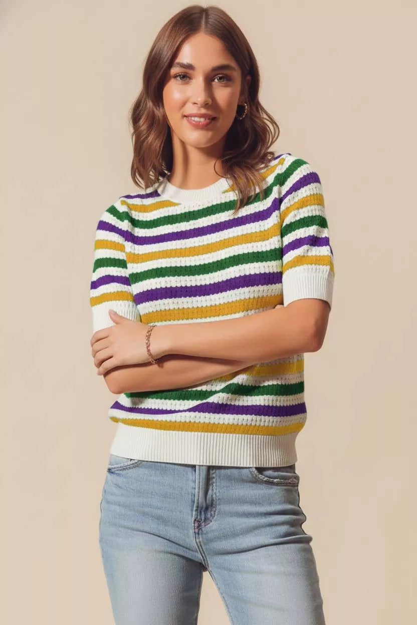 SO ME Mardi Gras Crew Neck Stripe Breathable Sweater