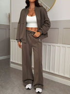 Casual Zipper Front Top and Wide Leg Pants Set