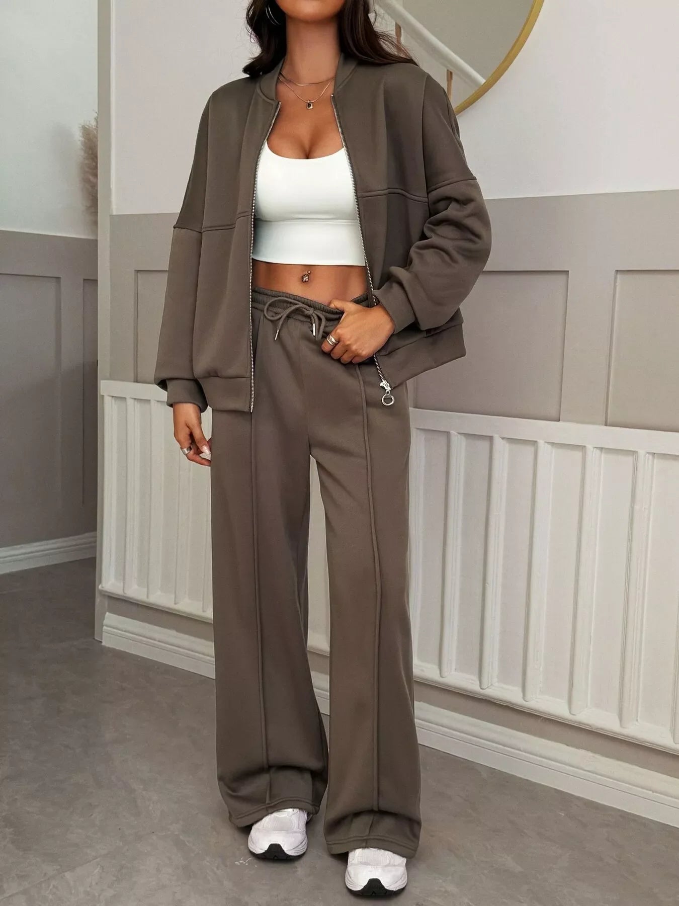 Casual Zipper Front Top and Wide Leg Pants Set