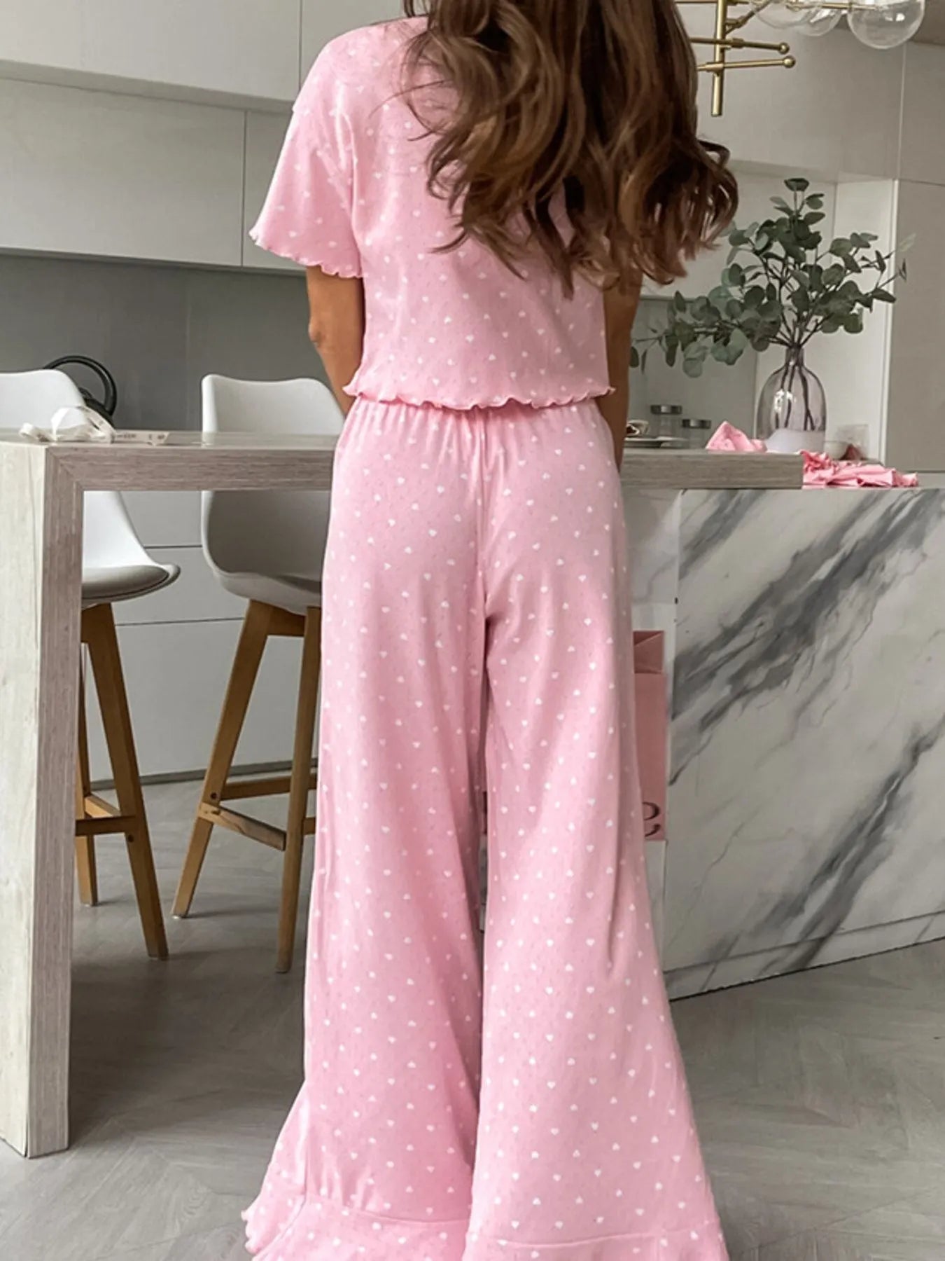 Polka Dot Round Neck Top and Pants Lounge Set