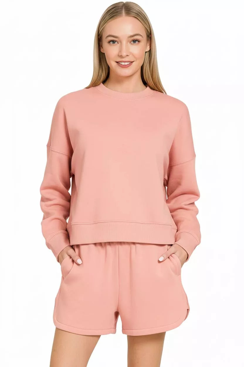 Zenana Fleece Long Sleeve Sweatshirts and Shorts Set