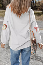 Full Size Corded Rib Sequin Santa Bow Patched Drop Shoulder Sweatshirt Plus Size