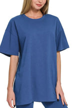 Zenana Cotton Round Neck Top & Biker Shorts