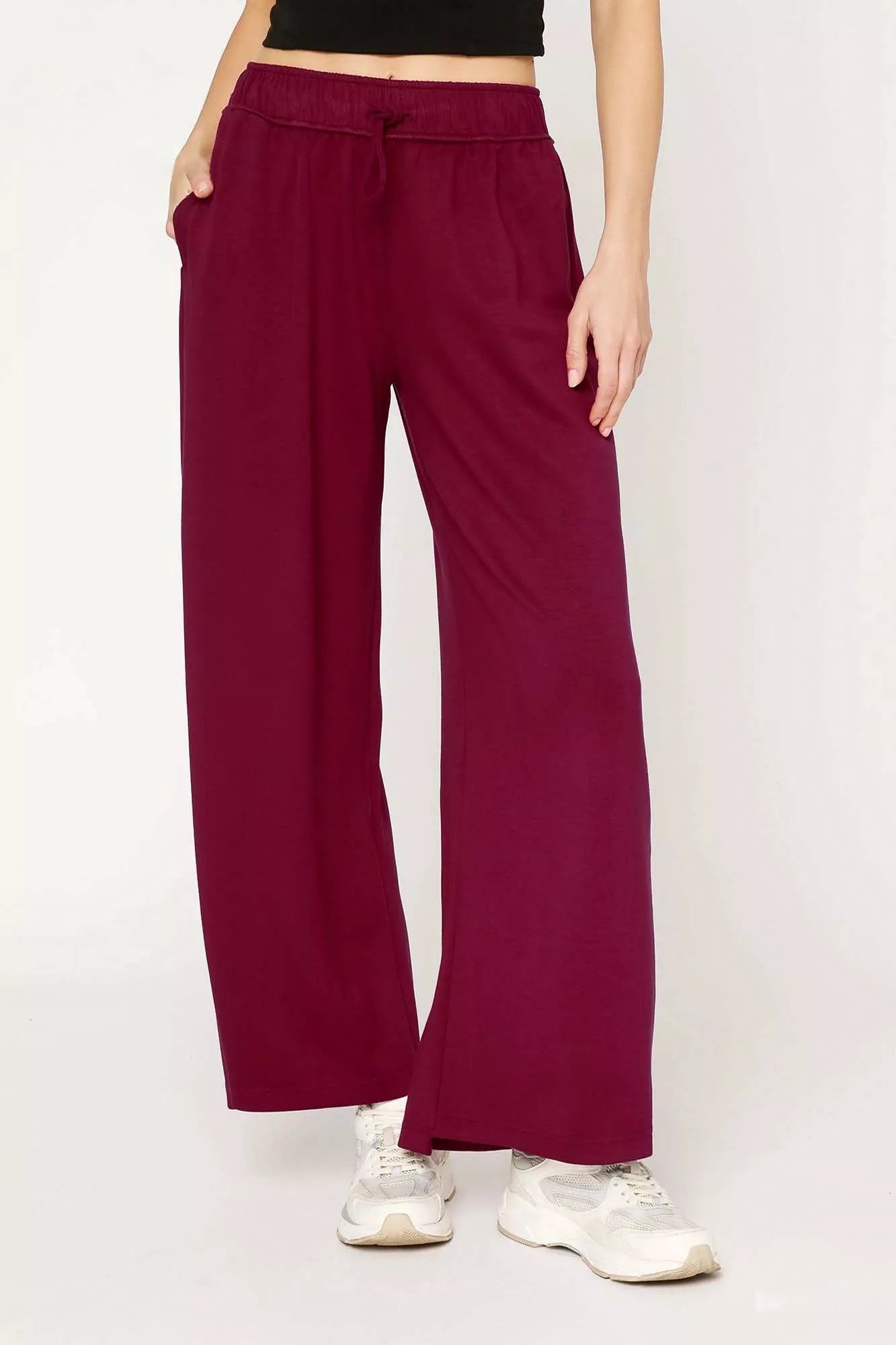 Umgee Elastic Drawstring Waistband Wide Leg Pants