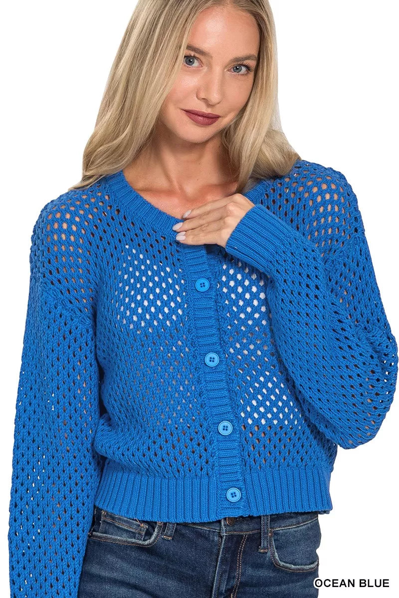 Zenana Button Down Lightweight Crochet Cardigan Sweater