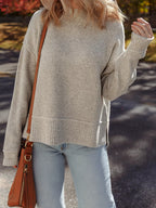 Waffle Texture Knit Ribbed High Neck Drop Shoulder Sweater