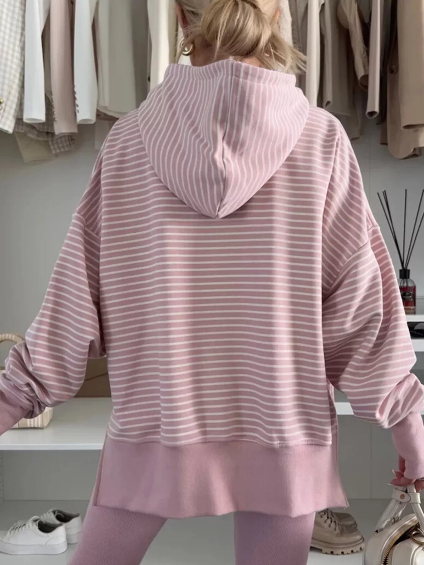 Stripe Thumbhole Side Slits Drop Shoulder Loose Fit Hoodie