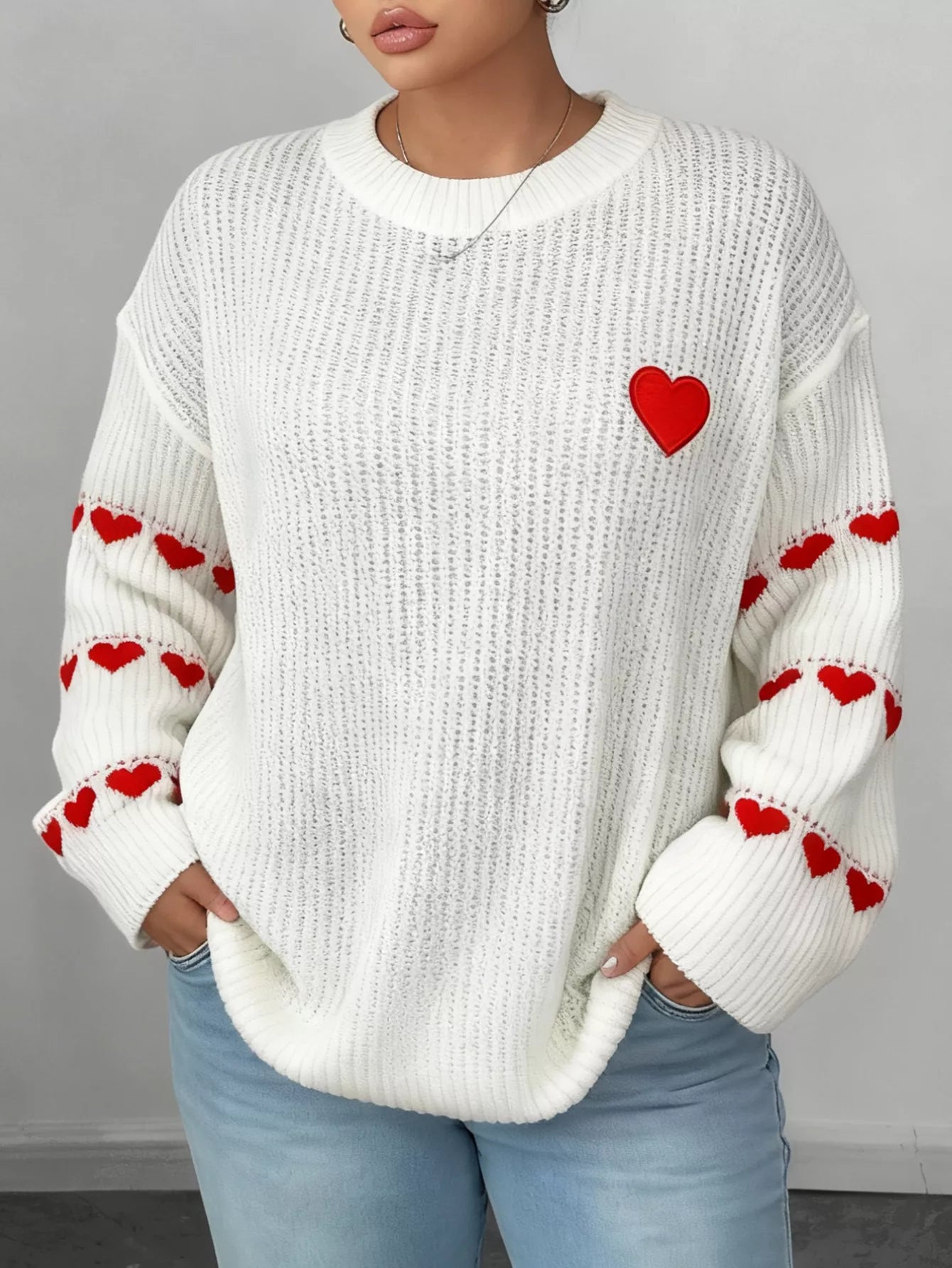 Heart Pattern Round Neck Sweater