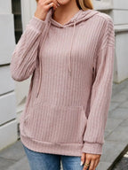 Casual Drawstring Ribbed Knit Hoodie