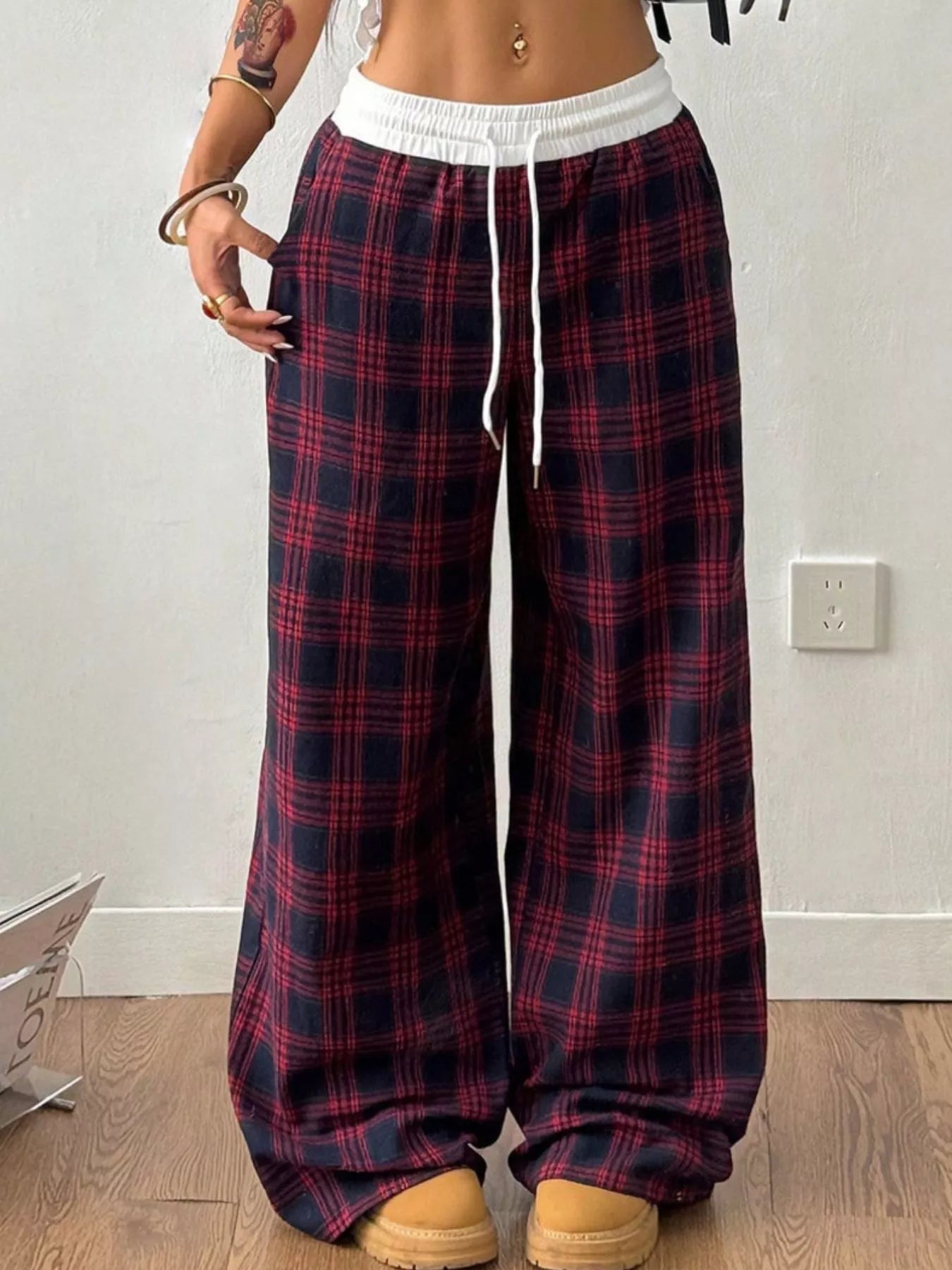 Plaid Wide-Leg Pants with Elastic Waistband