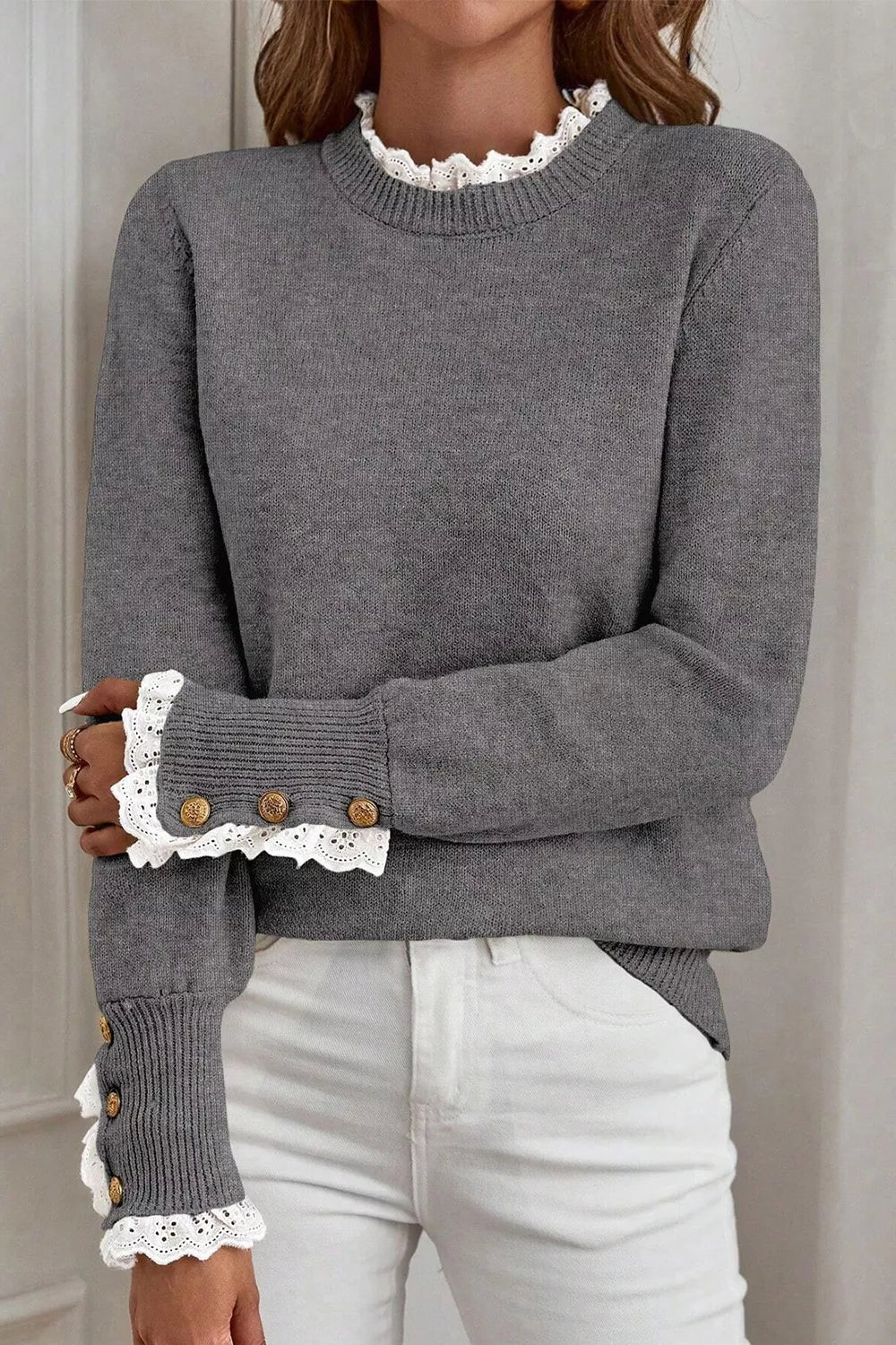 Lace Trim Mock Neck Sweater