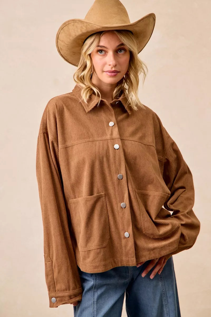 BiBi Corduroy Relaxed Fit Shacket with Back Pleat
