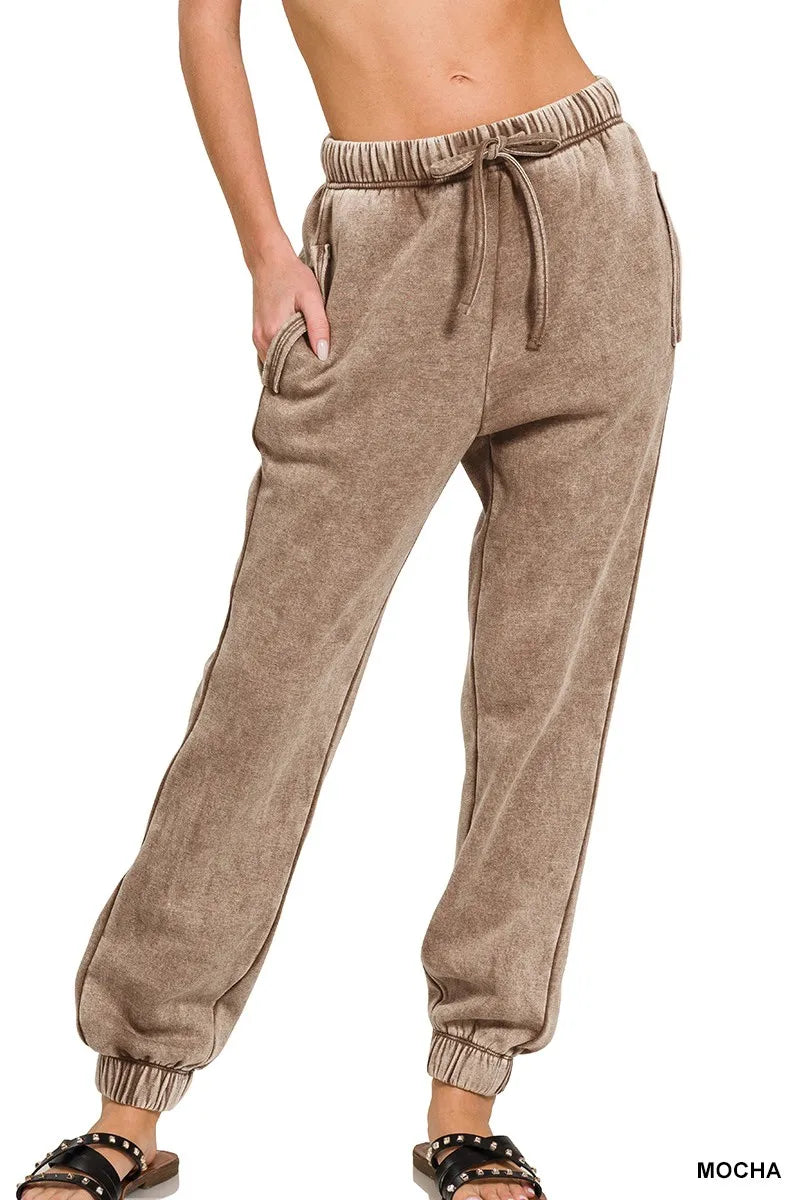 Zenana Acid Wash Fleece Sweatpants with Pockets