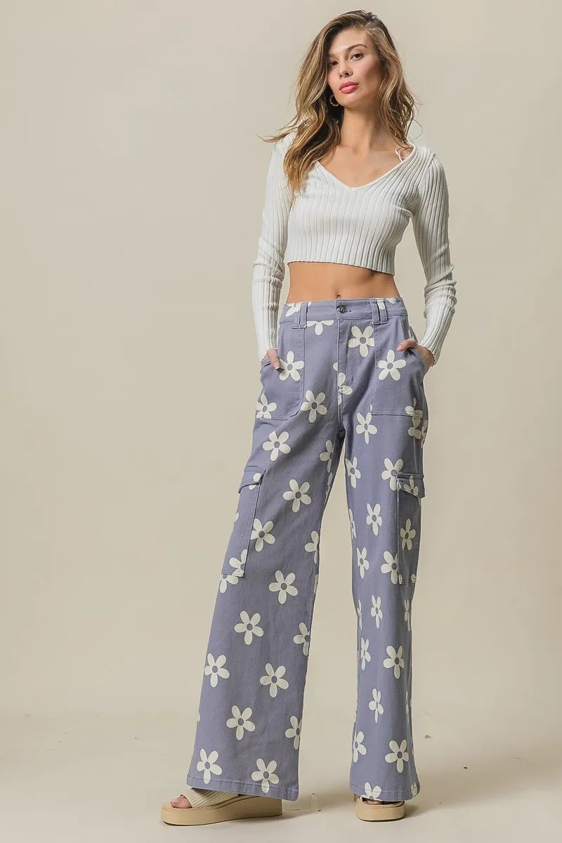 BiBi Flower Printed Side Pocket Wide Pants