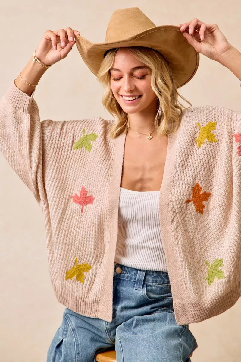 BiBi Two Tone Knit Cardigan with Leaf Patches