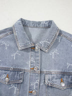 Bow Knot Print Light Wash Raw Hem Denim Jacket