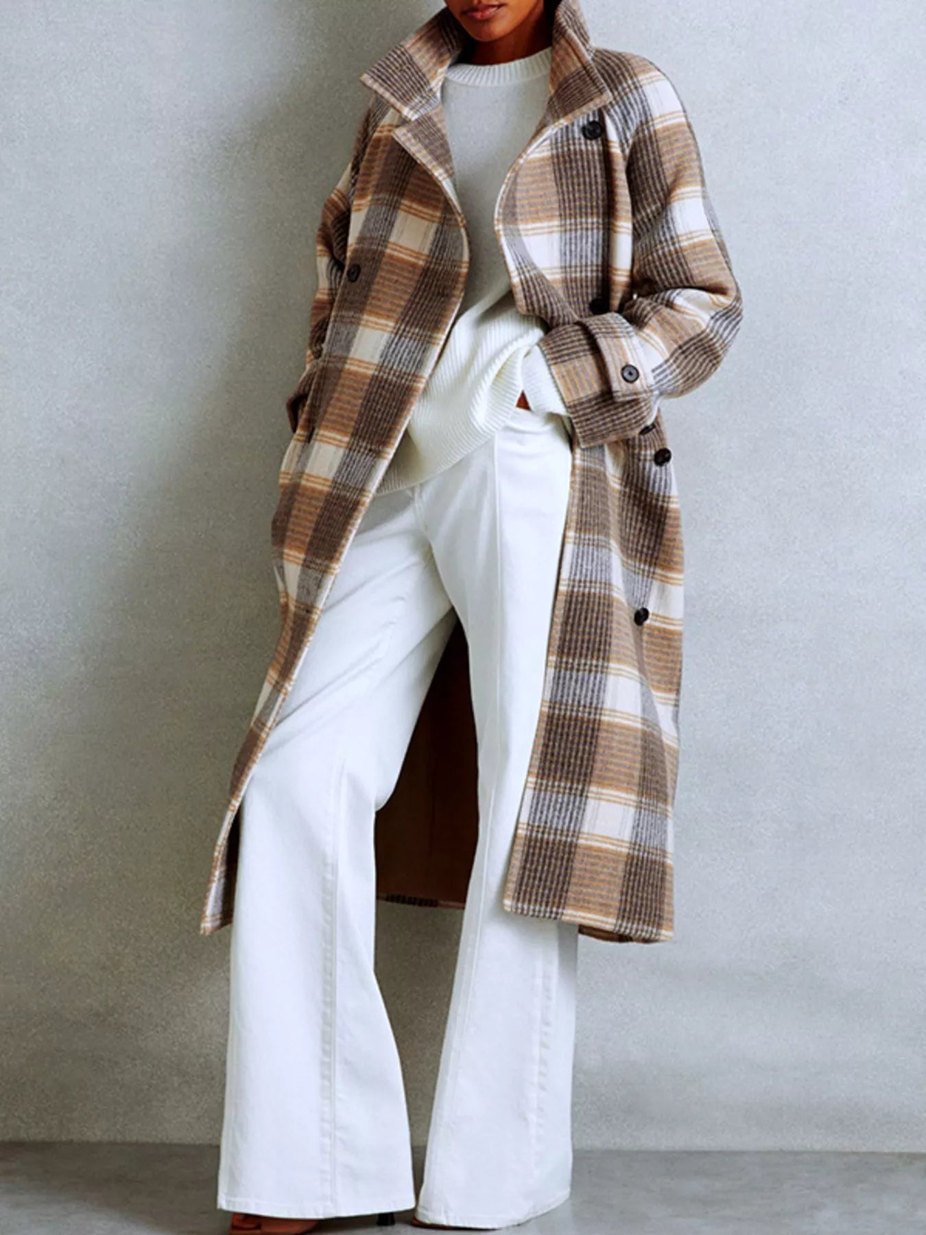 Plaid Tie Waist Double-Breasted Coat