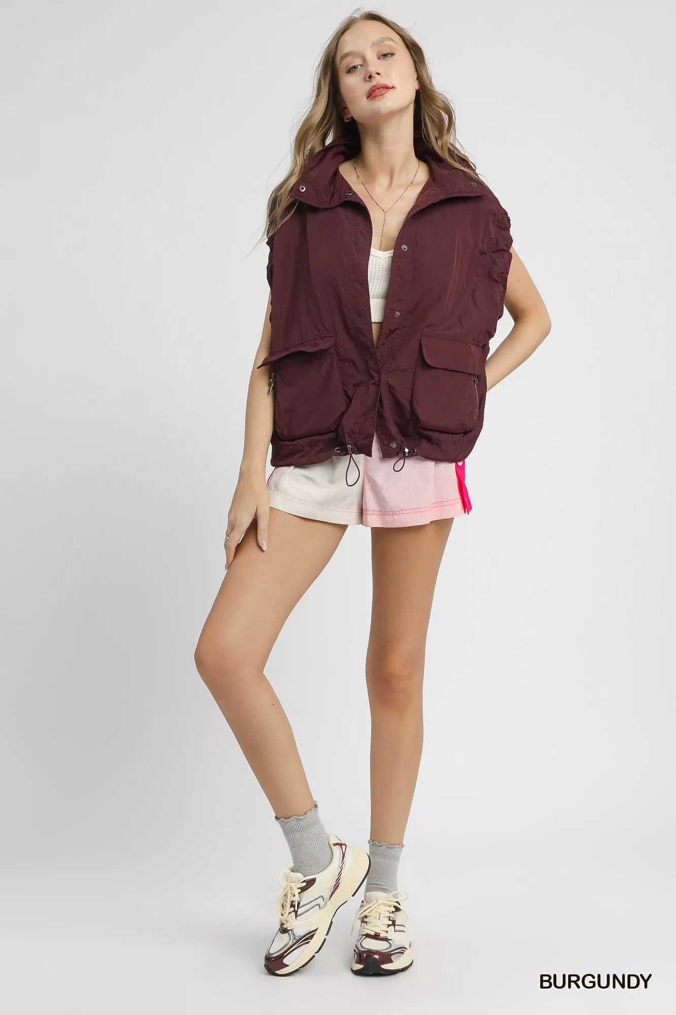 Umgee Drawstring Hem Nylon Vest with Pockets
